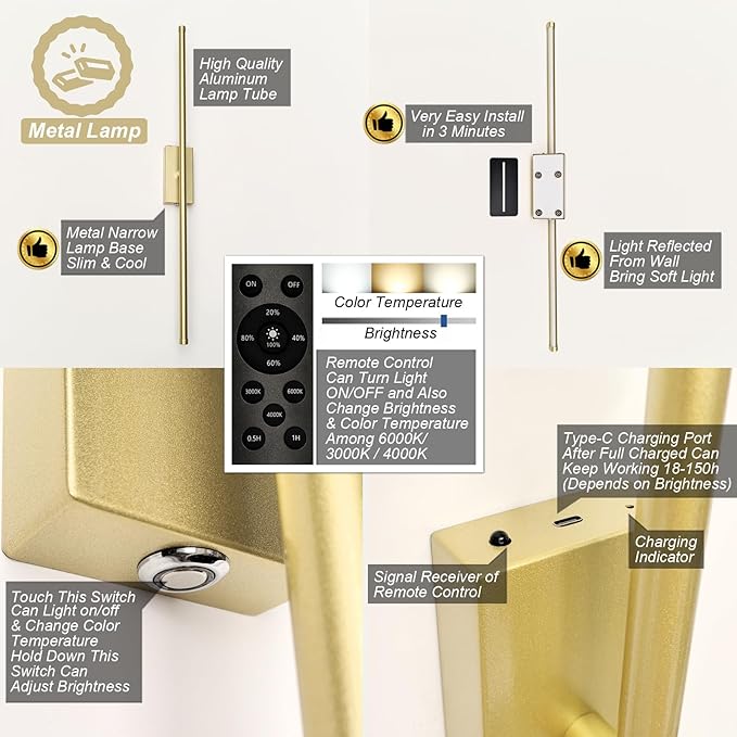 Set of 2 Battery Powered Linear Tube Rechargeable Gold Wall Sconce, Modern Decor Peel and Stick on Cordless Wall Sconces Picture Vanity Light for Living Dinning Room, Bathroom (2 Pack, 28.3'', Gold)
