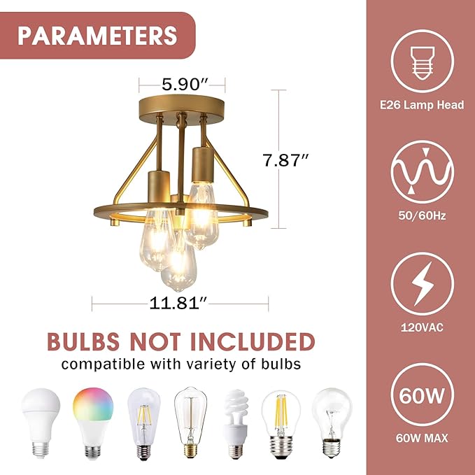 Gold 3-Light Semi Flush Mount Ceiling Light Fixture Metal Farmhouse Vintage Chandelier Circle Ceiling Lamp for Bathroom Kitchen Dining Room Laundry Room Foyer Closet Stairwell