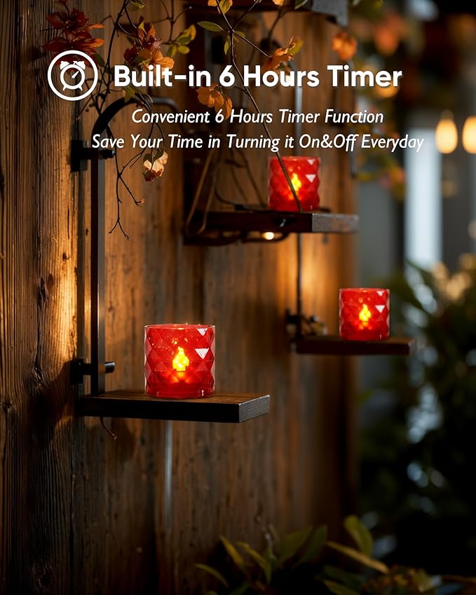 Homemory 2" x 2" Acrylic Votive Candle Holders with Auto Timer Flameless Led Tealight, Battery Powered Fake Electric Candles for Wedding Centerpiece, Table, Christmas Decor (6Pack, Red Base)