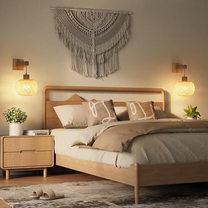 Battery Operated Wall Sconce with Remote Set of 2, Rechargeable Boho Wall Sconces with 8000mAh Bulbs, 3CCT+12RGB Dimmable Woven Bamboo Wall Light/Lamp Rattan Sconces for Bedroom Living Room