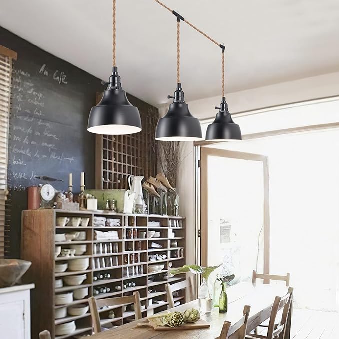 3 Light Plug in Pendant Light Cord 22FT Industrial Farmhouse Hanging Lamp with Twisted Hemp Rope Independent Triple Switch Hanging Light Chandelier for Dining Room Kitchen Black Finish