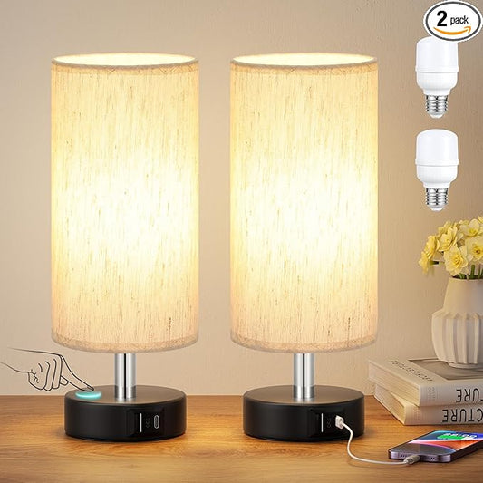 PartageiZ Small Touch Lamps Set of 2 - Table Lamps for Nightstand, Minimalist Bedside Lamps for Bedroom with 3000K Dimmable Bulbs