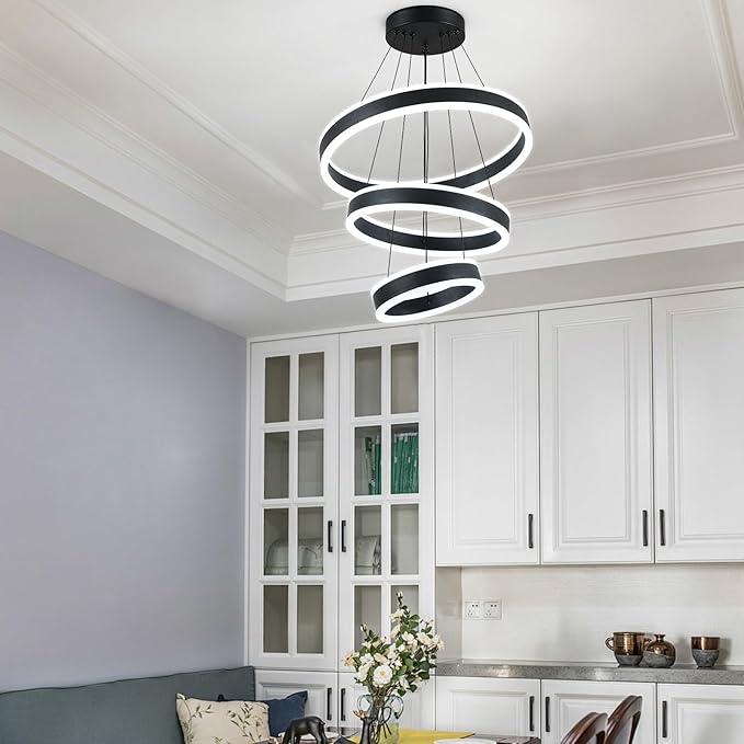 O'NEELDY Modern LED Chandeliers Adjustable Hanging Black Pendant Light Fixture 3 Ring Flush Mount Chandeliers for Bedroom,Kitchen,Island Cafe