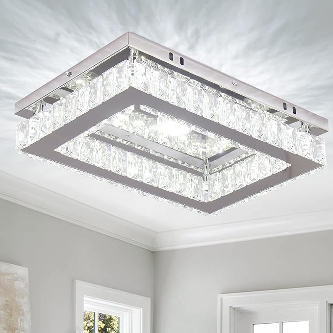 Finktonglan Crystal LED Flush Mount Ceiling Light, 11.8"×9.1" Rectangular Close to Ceiling Light, K9 Crystal & Mirror Stainless Steel, 20W 6000–6500K Cool White, Non-Dimmable