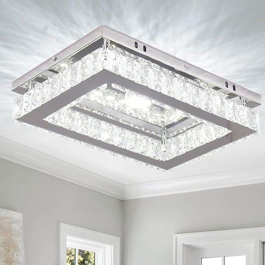 Finktonglan Crystal LED Flush Mount Ceiling Light, 11.8"×9.1" Rectangular Close to Ceiling Light, K9 Crystal & Mirror Stainless Steel, 20W 6000–6500K Cool White, Non-Dimmable