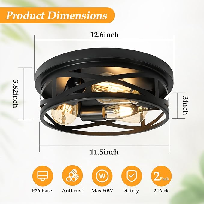3-Light Flush Mount Ceiling Light Fixture, Farmhouse Ceiling Lights for Kitchen, Modern Black Close to Ceiling Light for Hallway Bedroom Balcony Porch Stairway, E26, (1 Pack)