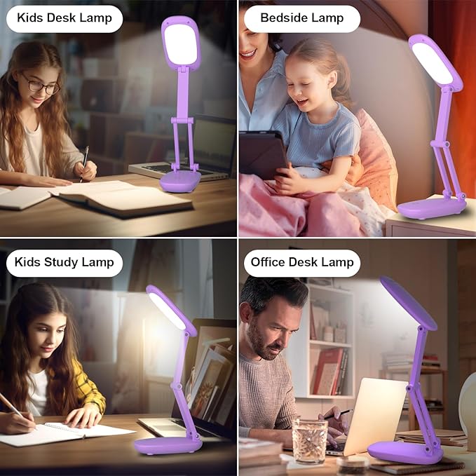 Akejrym LED Desk Lamp for Office Home & Battery Operated Lamp Rechargeable Lamp Foldable & Portable Light, [2-Fold Bracket] 3 Brightness Dimmable Small Desk Lamp Wireless Reading Lamp (Purple)