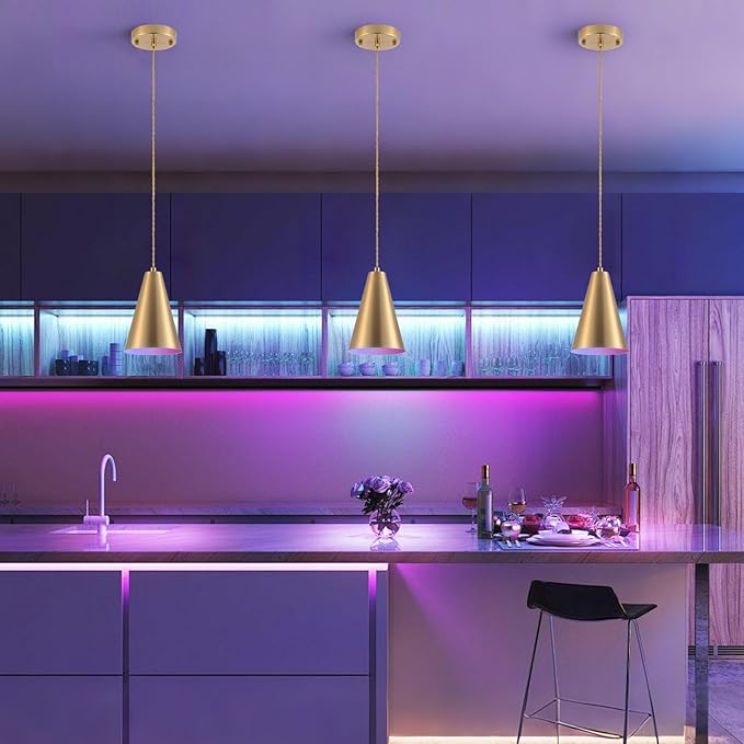 Dijiahua Gold Battery Operated Pendant Lights Kitchen Island 3 Pack with Remote Control,Wireless Rechargeable 12 Color Temperatures Lamp Fixtures with Brass Metal Shade, Modern Hanging Lighting