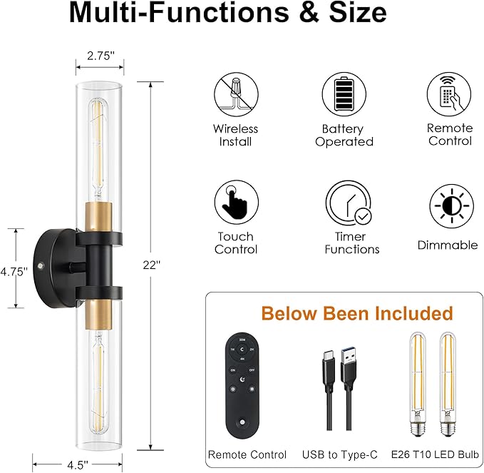 SANTOSTOCK Battery Operated Wall Sconce Set of 2, 12000mAh Rechargeable Wall Lights with Remote Control, Wireless Dimmable Wall Lamps for Bedroom Living Room Bathroom Hallway Stairwell, Black & Gold