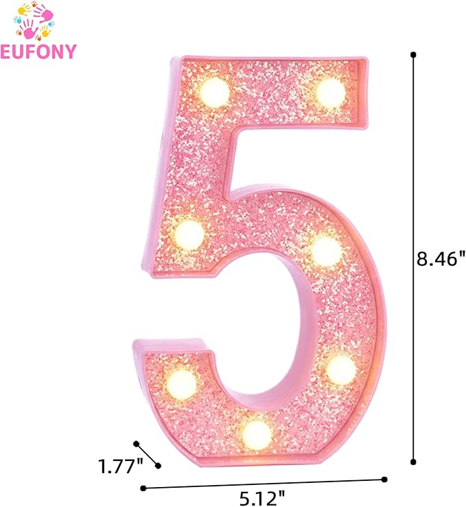 Pink Light Up Marquee Numbers, Glitter LED Number Lights Signs Battery Operated for Girls 5th 15th 25th Pink Birthday Party Table Decorations, 8 Inch Tall Number 5 with Warm White Lights