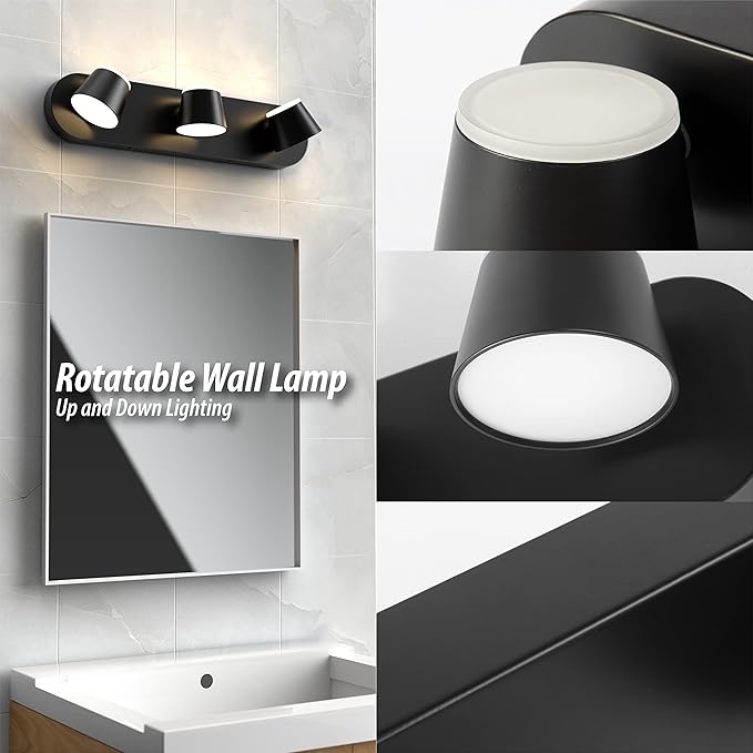 URSOLA 3 Light Bathroom Vanity Light, LED Black Vanity Light Fixtures, Up and Down Rotatable Dimmable, 20 inch Bathroom Lighting Fixtures Over Mirror