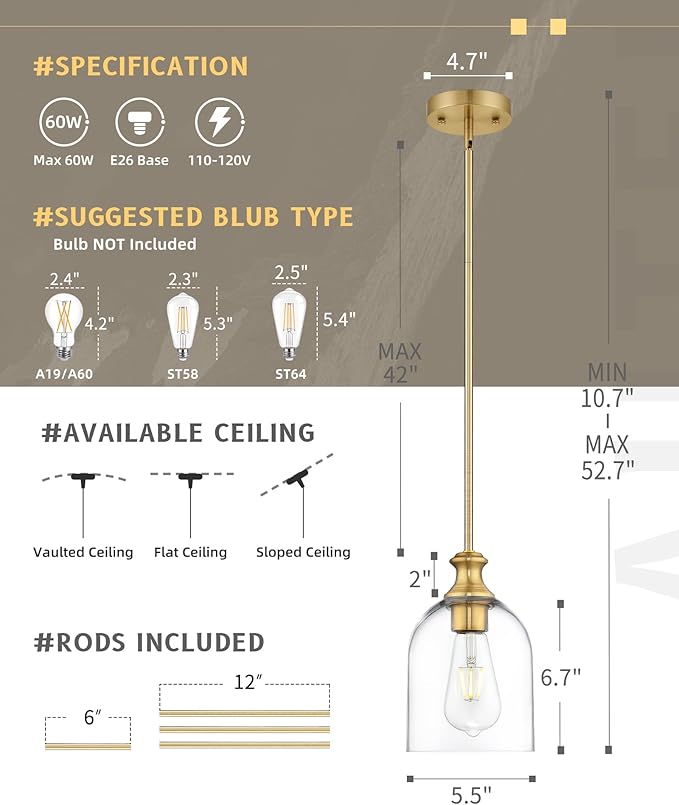 Autelo Gold Pendant Lights, 1-Light Pendant Lights Kitchen Island in Brushed Gold Finish with Clear Cylinder Glass, Vintage Pendant Light Fixtures, Vintage Hanging Lights for Kitchen Island H2511 CLBG
