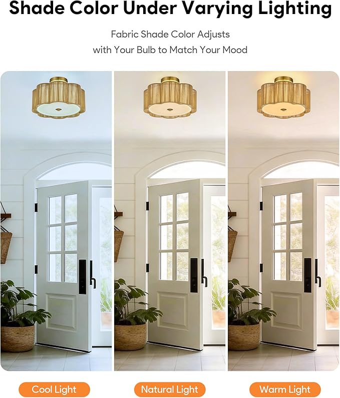 VONLUCE Semi-Flush Mount Boho Ceiling Light, 13.4" 3-Light Rattan Ceiling Light Fixture with 2 Tier Rattan Fabric Petal Shade, Lighting for Bedroom Dining Living Room, Gold Finish, ETL Certificated