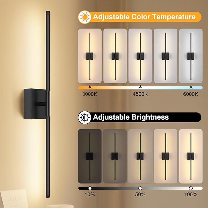 Battery Operated Wall Sconce, 5CCT Dimmable Black Wall Lights with Remote Control, Timable LED Wireless Wall Sconces, 350° Ratate for Bathroom, Living Room, Hallway 29.1 Inch 1 Pack