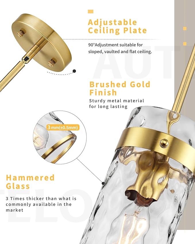 AUTELO Gold Pendant Light, 2 Pack Island Pendant Lights for Kitchen with Hammered Glass, Modern Hanging Lamp with Adjustable Rods for Dining Room Bedroom Kitchen Sink, H-2529 HMBG2PK