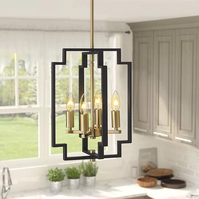 Emliviar 4-Light Lantern Chandelier, Farmhouse Pendant Light for Dining Room Kitchen Island, Black and Gold Finish, JE1981-D4 BK+G