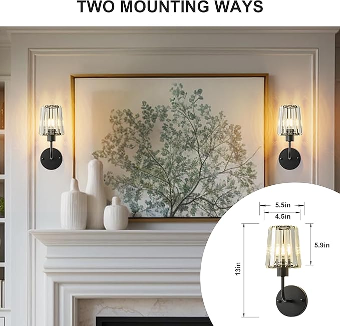 KARTOOSH Hardwired Crystal Wall Sconces Set of Two - Dimmable Wall Light Fixtures 3000K, Warm White, for Hallway, Bathroom, Living Room, Bedroom, Black, 13 Inch