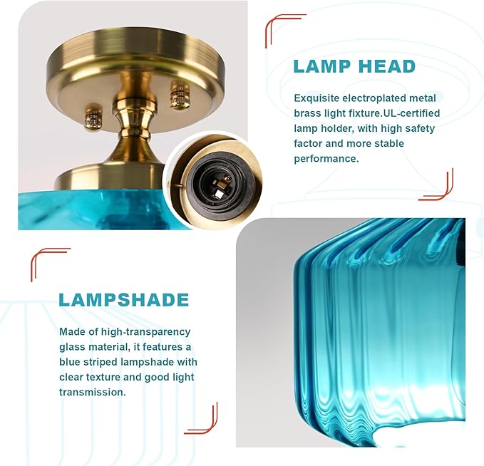 2 Pack Blue Glass Flush Mount Ceiling Light Fixture, 11.02" Gold Farmhouse Mid Century Modern Close to Ceiling Light for Entryway, Closet, Schoolhouse, E26 Base
