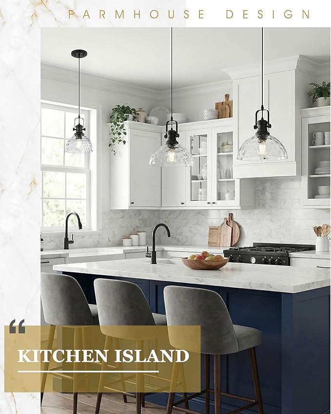 2-Pack Pendant Lights Kitchen Island, 7.5" Farmhouse Black Pendant Lighting with Hammered Glass Shade, Vintage Hanging Light Fixtures for Dining Room Entryway, AD-22151-1P2-BK-H