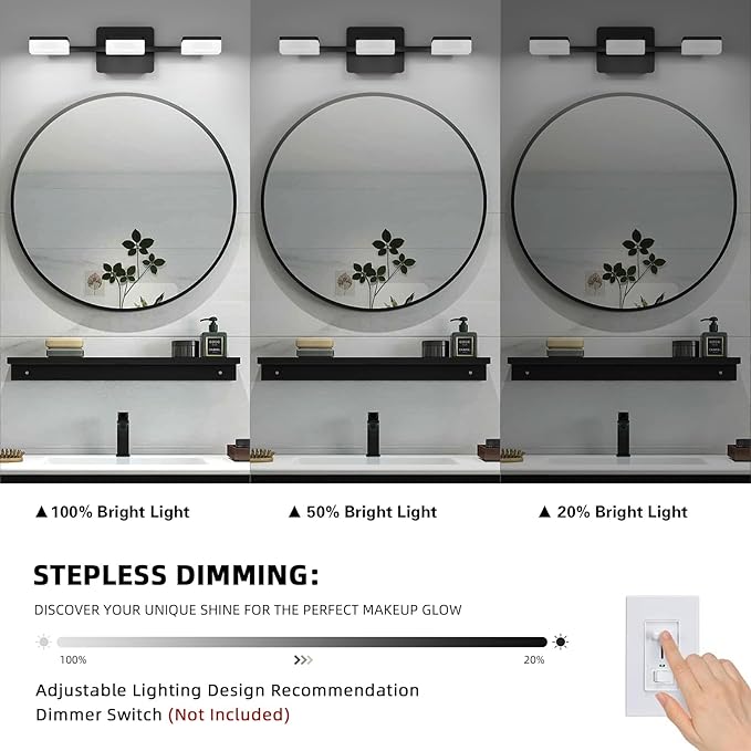 Black LED Bathroom Vanity Light, Modern Wall Lighting Fixtures, 3-Light Bathroom Lighting Fixtures Over Mirror, 360° Rotate Acrylic Matte Black Vanity Lights for Bathrooms