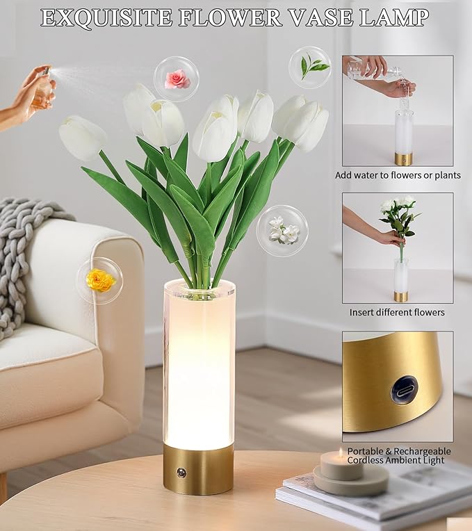 AIHYING Flower Night Light,Touch Vase Lamp,Rechargeable Cordless Table Lamp,Dimming Small Mood Lighting for Dining Table/Bed Room/Bathroom/Closet,Gifts for Women/Mom, Artificial Tulips Included