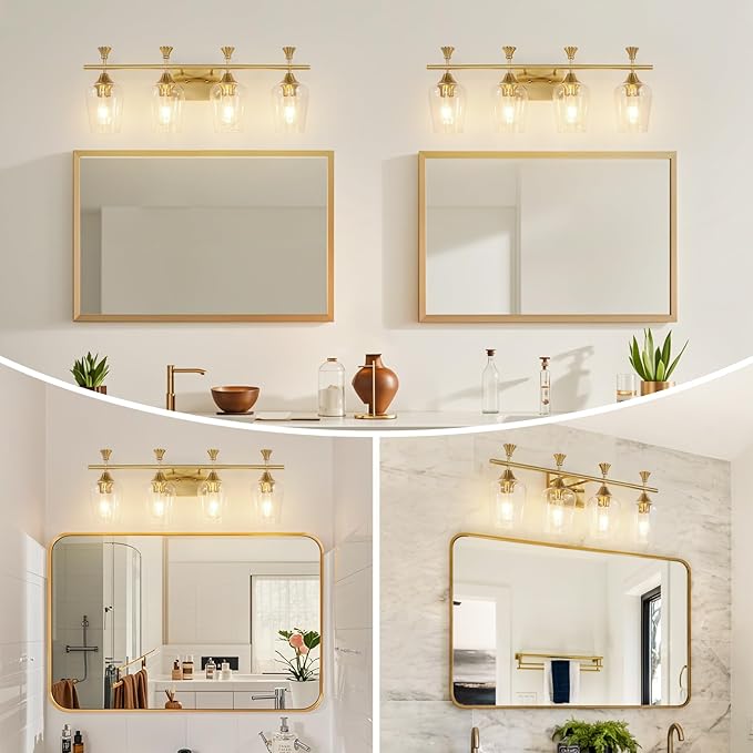 Bathroom Light Fixtures (4-Light, 29 Inch), Brushed Gold Vanity Lights for Bathroom with Clear Wine Glass Glass Shade, Modern Vanity Wall Lights for Mirror Bedroom Living Room Kitchen Hallway Porch