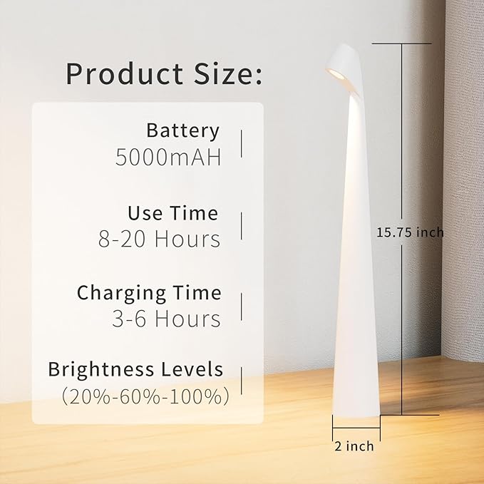 HAPYGI Portable Cordless LED Desk Lamp, Rechargeable Wireless Table Lamp, 3-Level Brightness, Patio & Bedside Night Light, Dining Room Ambient Reading Light (White)