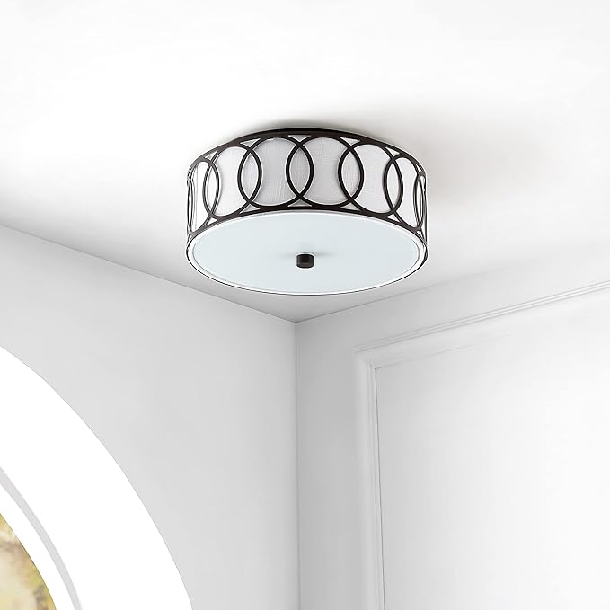 JONATHAN Y 12.25" Oil Rubbed Bronze 2-Light Modern Metal LED Flush Mount Ceiling Light for Bedroom Hallway, White Linen Drum Shade with Geometric Fretwork, LED Bulbs Included (JYL3502C)
