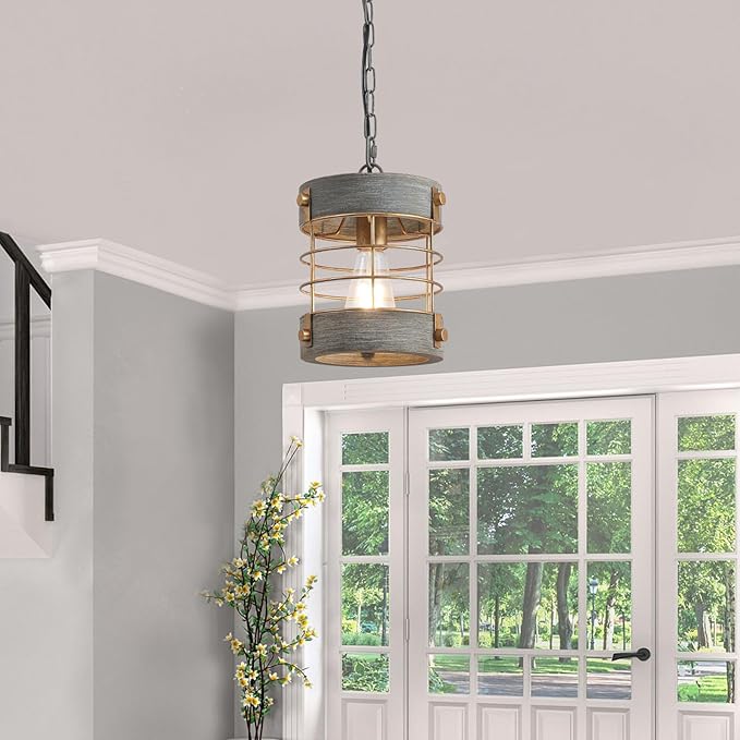 Farmhouse Pendant Light, Adjustable Metal and Wood Chandelier Light Fixture, Rustic Pendant Lighting for Kitchen Island, Bedroom, Dining Room and Entryway, Blue Gray