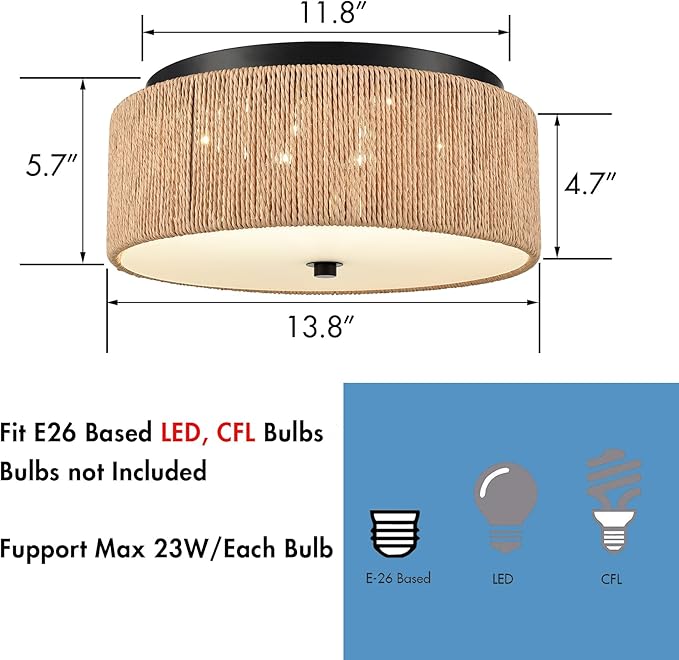 YUBOLE Woven Ceiling Light 3-Light Bohemian Flush Mount Ceiling Light with Paper Hemp Rope Drum Shade for Bedroom Hallway Bathroom Dining Room-Black & Brown