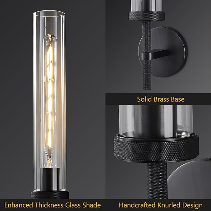 Bathroom Sconces Set of 2, 19.5" Black Cylinder Wall Sconces, Vanity Lights for Bathroom Mirror with E26 Bulbs Included