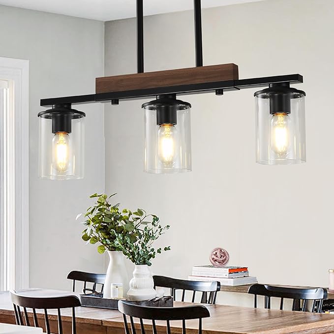 23.6'' Kitchen Island Light Fixtures, 3-Light Dining Room Light Fixture Chandelier Over Table, Black Modern Rustic Wood Ceiling Pendant Light Fixtures, with Clear Glass Shade, Farmhouse Chandelier