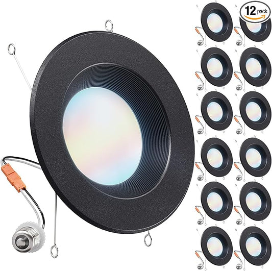 Sunco 12 Pack 5CCT Black LED Recessed Lighting 6 Inch, 2700K/3000K/3500K/4000K/5000K Selectable, Dimmable Can Lights, Baffle Trim, 13W=120W, 869 LM, Damp Rated, Retrofit Installation - UL Listed