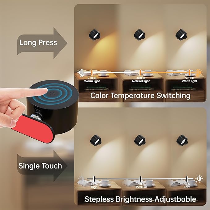 AKSDA 3Pack Battery Operated Wall Sconce, 3 Color Modes 3 Brightness Levels 360°Rotation Lighting Timer Touch & Remote Control, Wall Mounted Lamp LED Wall Lights for Bedroom Reading Bedside (Black)