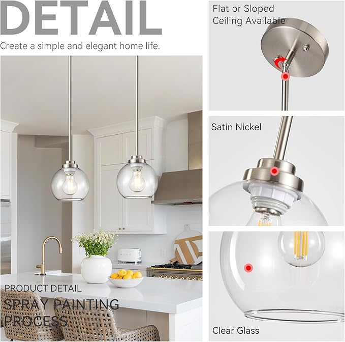 3 Pack Globe Pendant Light, Brushed Nickel Hanging Ceiling Light Fixtures with White Frosted Glass Shade, Modern House Adjustable Lights for Kitchen Island Bedroom Hallway