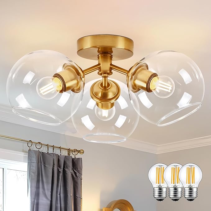 KoKo&Yukina 3-Light Mid Century Modern Gold Semi Flush Mount Ceiling Light Globe Sputnik Chandelier Fixture Clear Glass Globe Ceiling Lights for Bedroom Living Room Hallway Entryway Foyer