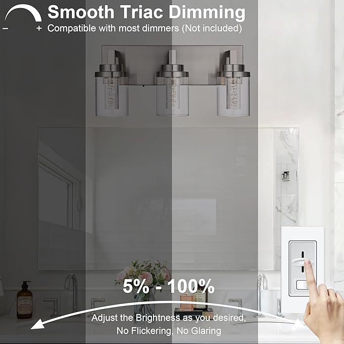 MELUCEE Modern LED Bathroom Vanity Light Bar Brushed Nickel Bubble Crystal Vanity Lights Over Mirror 3 Light Bath Wall Light Fixture with Clear Glass Shade, Built-in LED Chips, 5CCT Adjustable