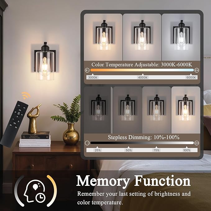 BELS 8 Inch Battery Operated Wall Sconces Set of 2, Farmhouse Wall Lights Fixture with Clear Glass, 4000K, Remote Control, Dimmable, Black Wall Sconces for Mirror, Bathroom, Bedroom