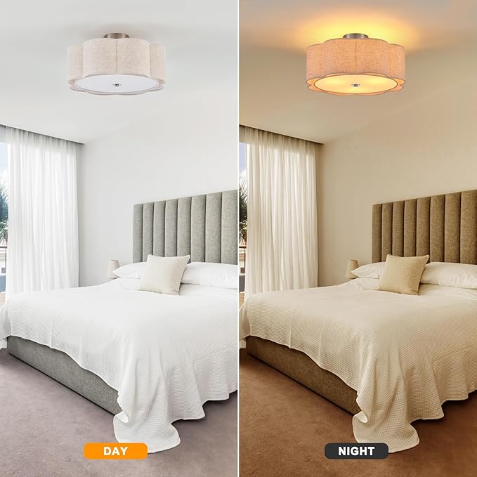 Semi Flush Mount Ceiling Light, Beige Linen Fabric Shade Ceiling Light, Chrome Modern Farmhouse Close to Ceiling Light for Bedroom, Hallway, Living Room, Dining Room, Laundry Room