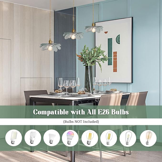 Mid Century 3-Light Pendant Chandelier – Dark Green Glass Shades & Gold Brass, Vintage Hanging Light for Dining Room, Kitchen Island, Farmhouse Living Room