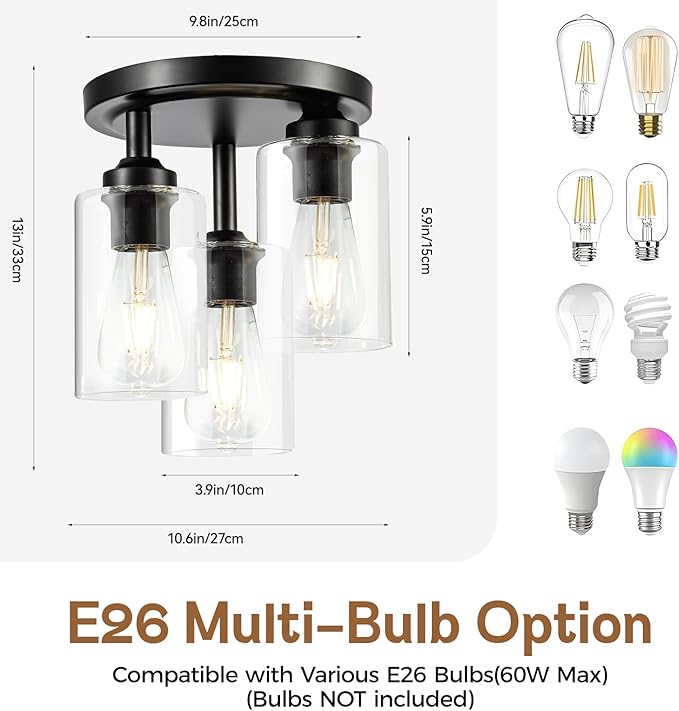 Mayful Semi Flush Mount Ceiling Light, 3-Light Black Fixture with Clear Glass Shade, Cluster Cylinder Design for Kitchen Dining Room Hallway Foyer Entryway
