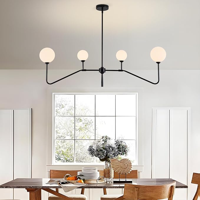 Black Linear Kitchen Light Fixture, 4-Light Globe Glass Pendant Light with Matte Black Metal Frame & Milk White Glass Shades, Adjustable Height Chandelier for Dining Room Kitchen Island