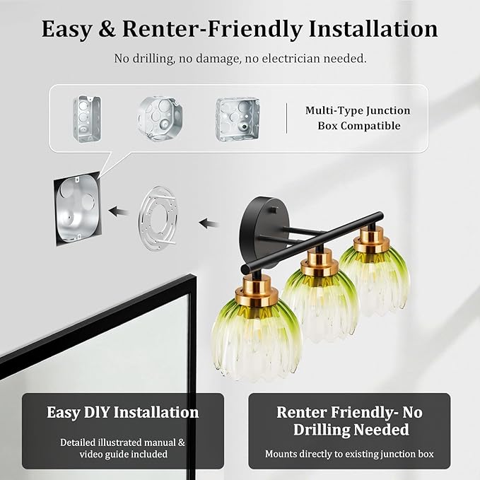 TALOYA Bathroom Vanity Light Fixtures, 3-Light Modern Black and Gold Wall Lights Over Mirror with Gradient Green Tulip Glass Shades Bathroom Wall Lamp for Mirror, Living Room,Hallway, Cabinet Porch