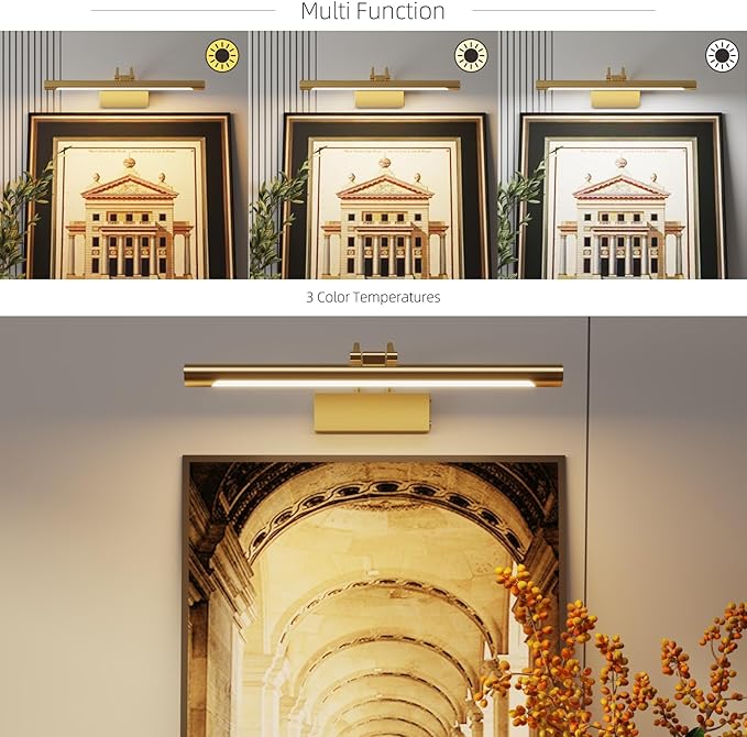 Picture Lights for Wall,16 inch Art Lighting for Paintings Wireless,5000mAh Gallery Lights for Rechargeable,3CCT Dimmable & Timer Cordless Frame Light for Paintings,Canvas,Portrait,Gold