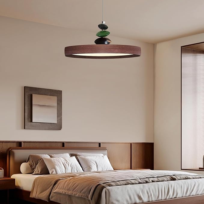 Mikeru Modern Pendant Lights, 23.6" Wood Grain Finish Pendant Lighting Fixture with Remote Control Dimmable 3 Color Mode & Brightness Mid Century Island Light Fixture for Dining Room,Living Room