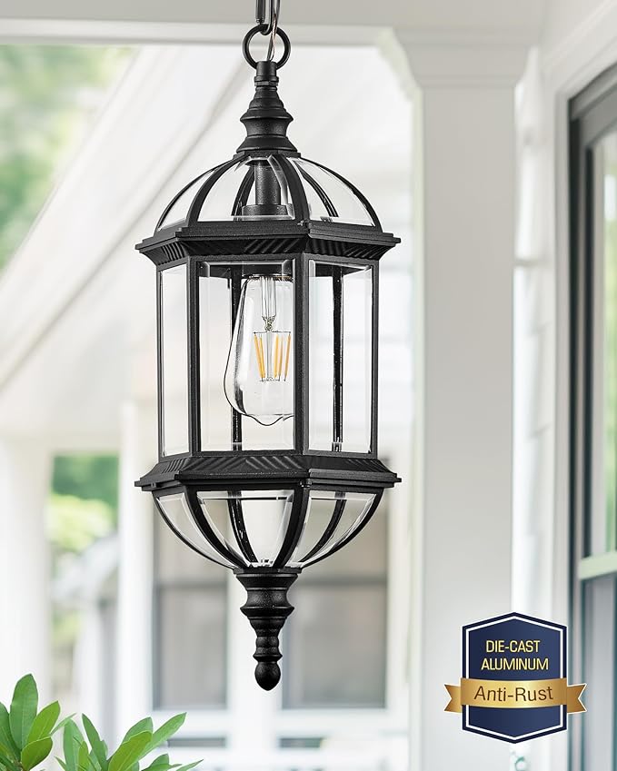 VIANIS 20" Large Outdoor Pendant Light, Black Outdoor Chandelier for Porch with Tempered Beveled Glass, 1-Light Adjustable Outdoor Chandelier for Entryway, Gazebo, Anti-Rust, 100% Aluminum