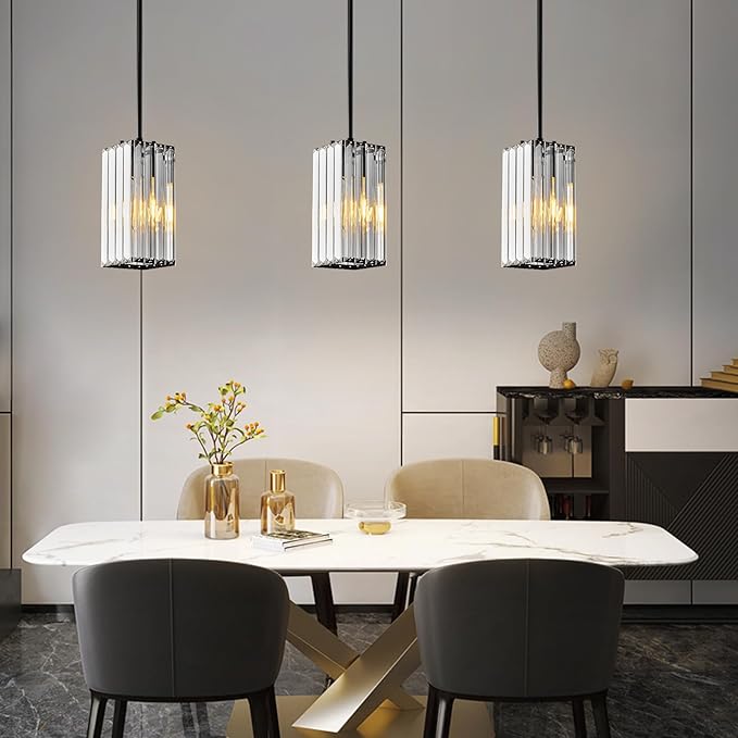Modern Pendant Light Black Rectangle Pendant Lighting Mini Crystal Chandeliers Adjustable Pendant Light Fixture for Kitchen Island Dinning Room Living Room Corridor Bedroom(Black 2-Pack)