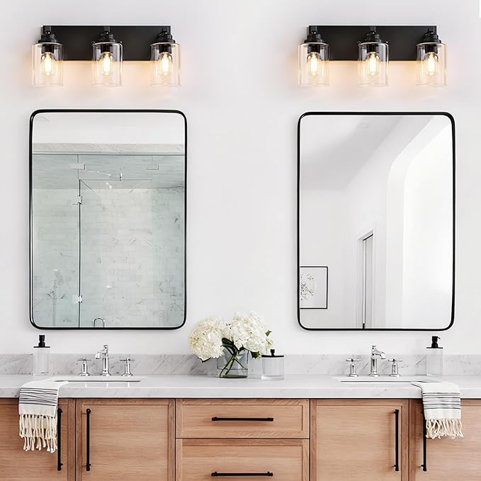 Black Bathroom Light Fixture, 3 Light Matte Black Vanity Light, 18.8" Modern Farmhouse Bathroom Lighting Fixtures Over Mirror, with Clear Glass Shade, Vanity Lights for Bathroom, Bedroom, Hallway