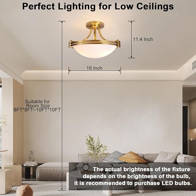 Bektas Semi Flush Mount Ceiling Light Fixture 16inch Gold Traditional Fixture with Milk Glass for Bedroom Kitchen Bathroom Hallway Foyer Living Room Entryway