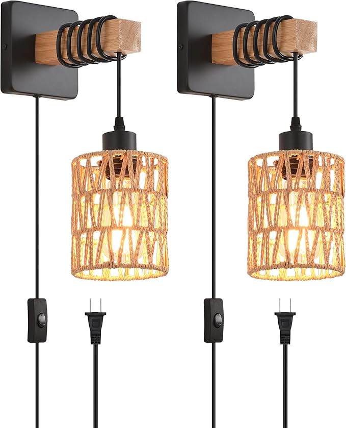 Rustic Wall Sconces Fixtures with Plug in Cord, Set of Two Indoor Vintage Rattan Wall Light Industrial Lamp Fixture Farmhouse Metal Sconces Light for Bedroom Bedside Living Room